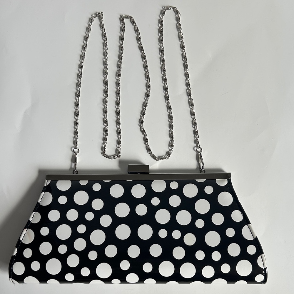 Neiman Marcus black and white polka dot clutch